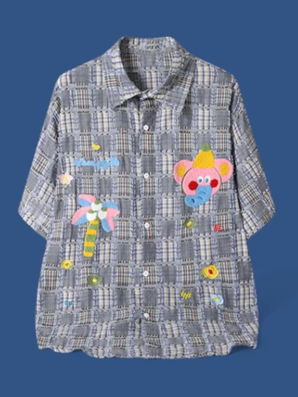 Gray Plaid Embroidered Cartoon Shirt